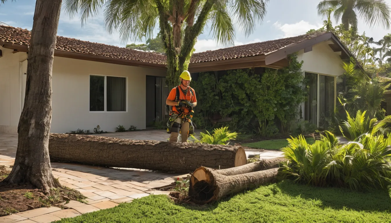 Tree removal provider cutting a large tree near a home in Delray Beach